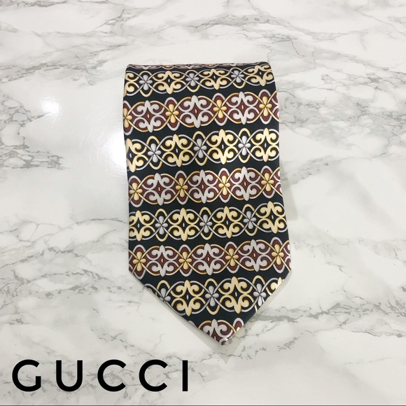 Gucci Other - Gucci Black White Cream Baroque Floral Silk Tie